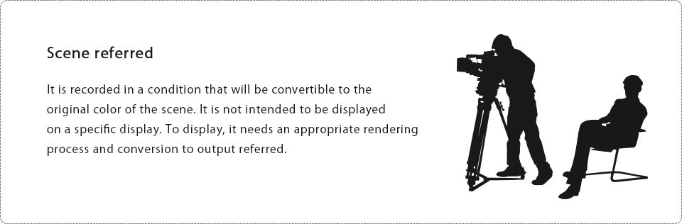 Scene referred It is recorded in a condition that will be convertible to the original color of the scene. It is not intended to be displayed on a specific display. To display, it needs an appropriate rendering process and conversion to output referred. 