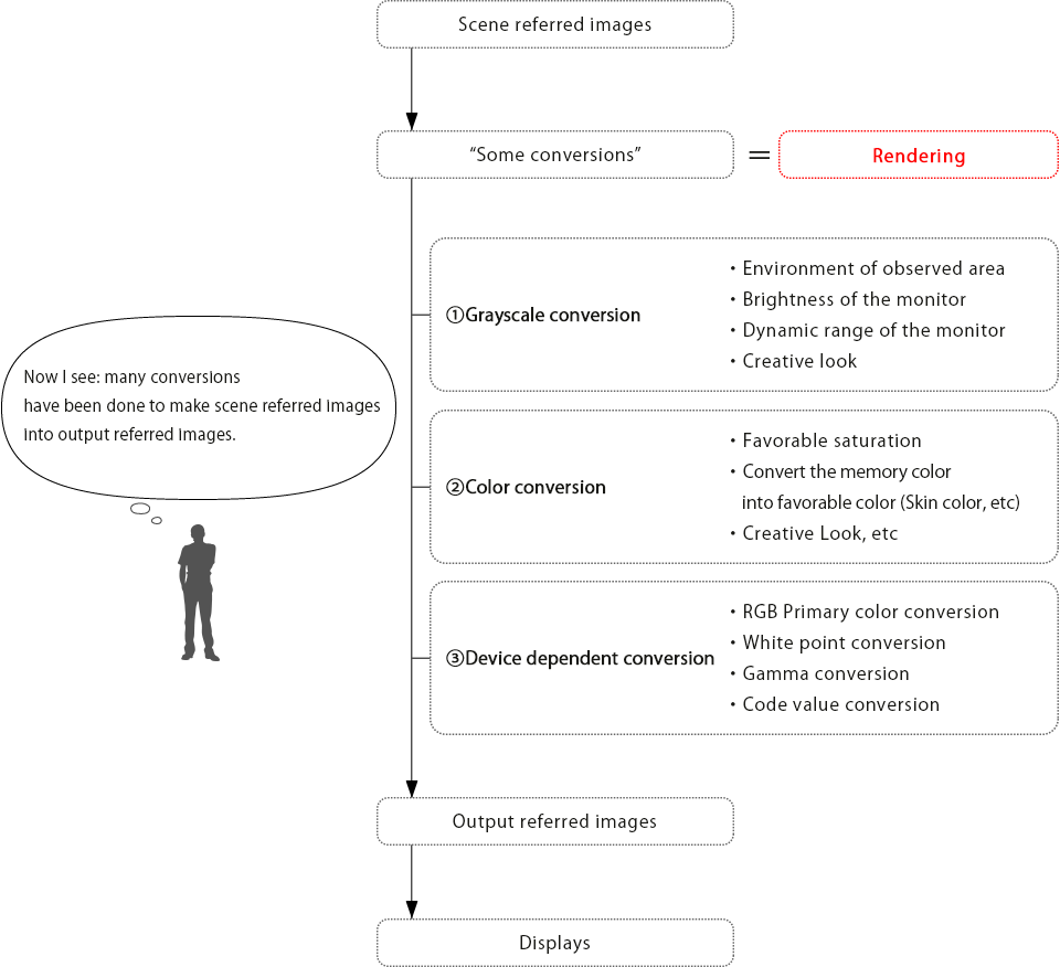 Now I see: many conversions have been done to make scene referred images into output referred images.